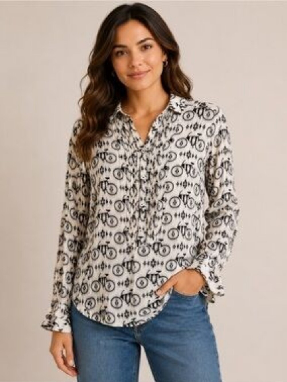 Maeve Anthropologie Bicycle Print Pleated Button Down Blouse Indie Top Size 8